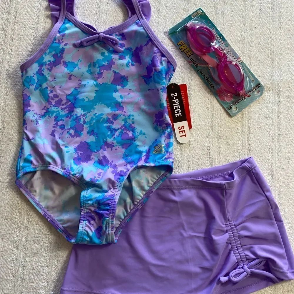 ZEROXPOSUR Girl’s Print One-Piece & Cover-Up Skirt Swimsuit with Goggles